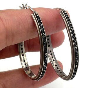 Elizabeth and James Signed Sterling Silver Black Spinel Oval Hoop Earrings